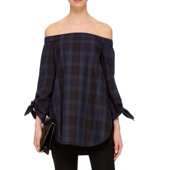 Tibi Blue Black Cotton Off The Shoulder Plaid Tie Sleeves Tunic 2 - Picture 14 of 15
